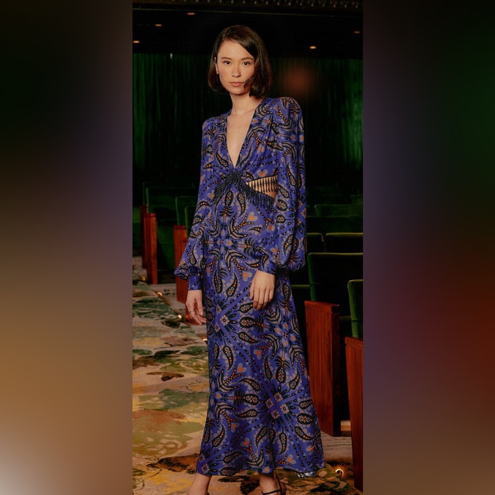 NWT FARM Rio Martina Scarf Cut Out Blue and Black Maxi Dress, Size S